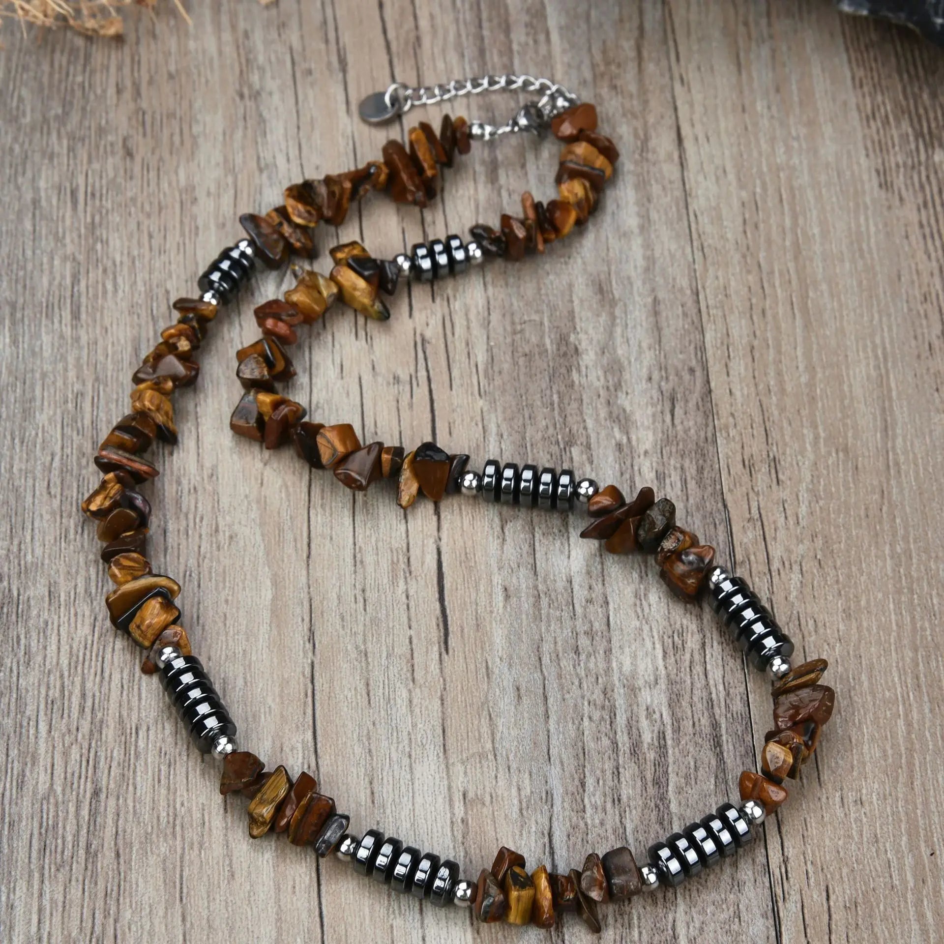 New Design Tiger Eye Irregular Stone Beaded Necklace for Unisex Business Gift Adjustable Stainless Steel Hematite Necklace