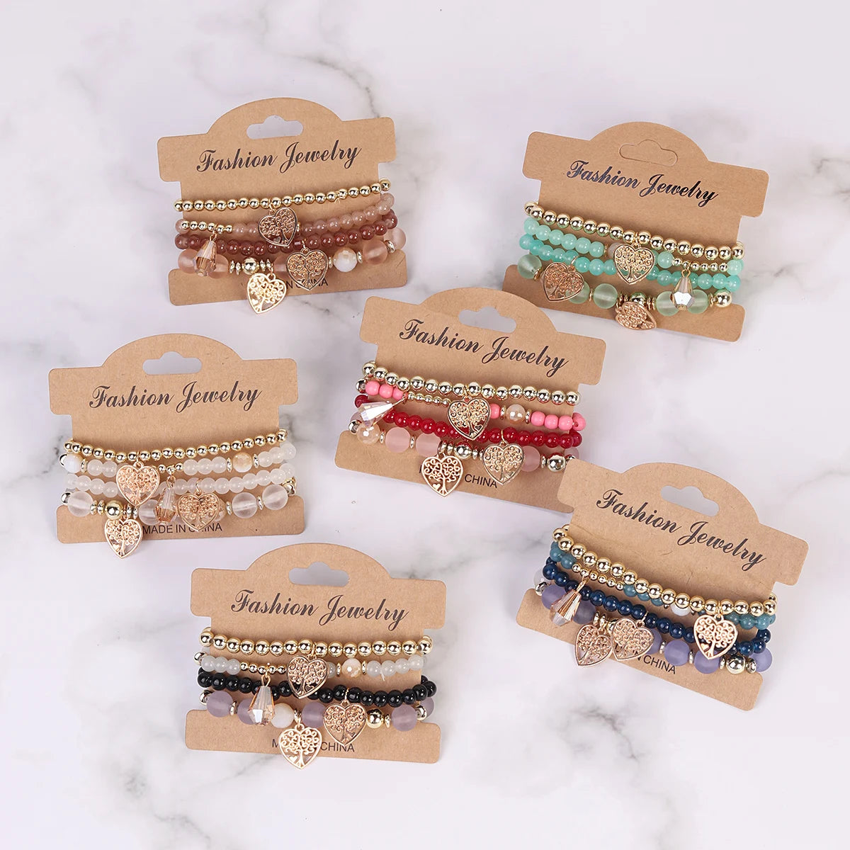 Vintage Boho Crystal Bead Love Heart Jewelry  Tree of Life Water Drop Pendant Elastic Bracelet Wholesale