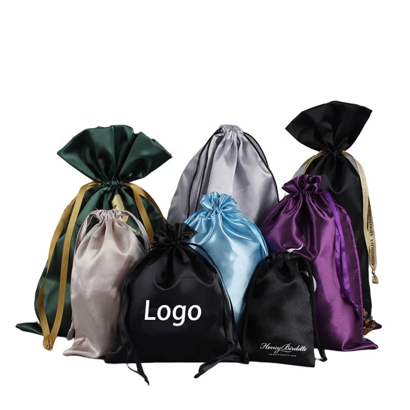 Factory Printing Satin Fabric Drawstring Silk Dust Bags Hair Bag Underwear Packaging Pouches With Ribbon