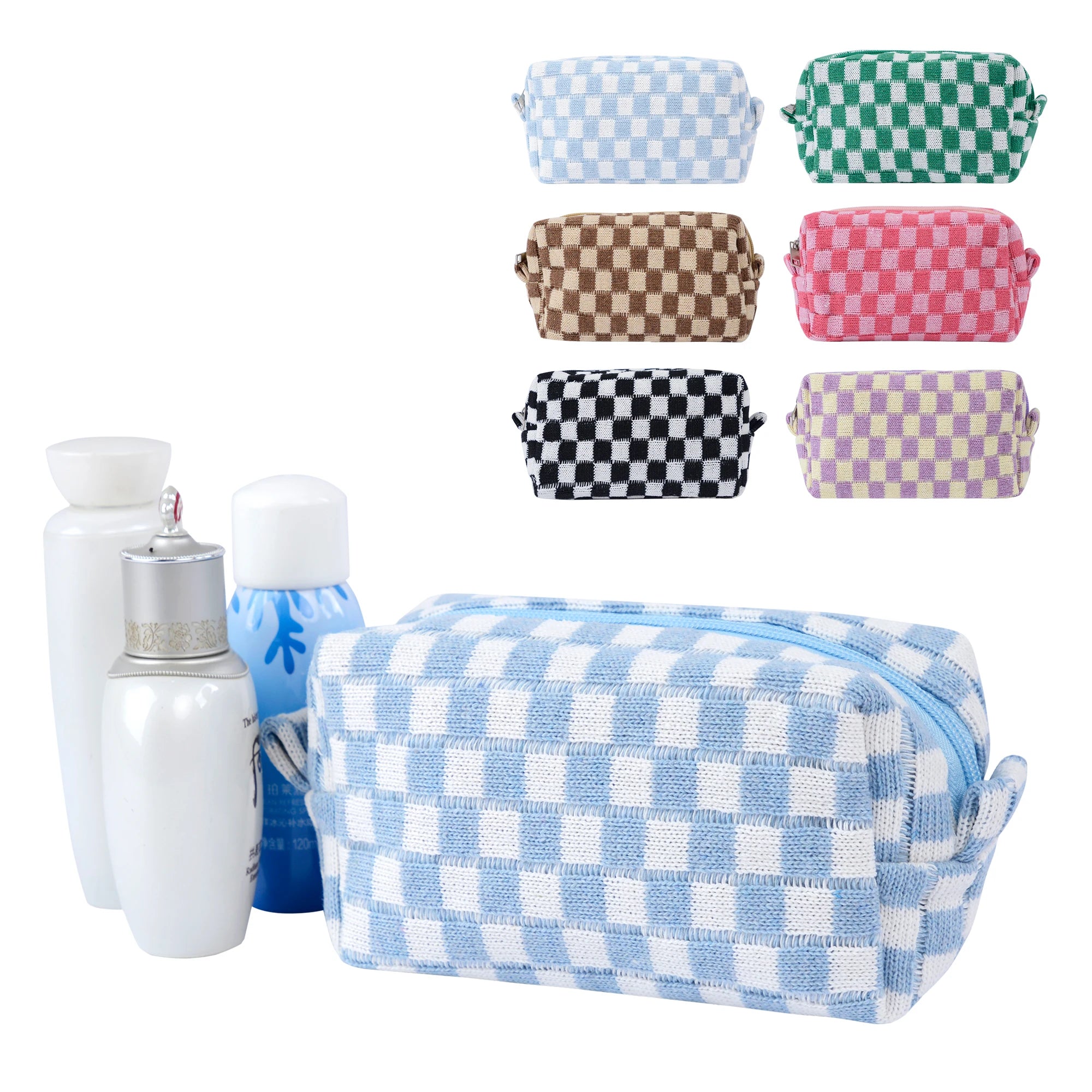 Ladies Small Knitted Cosmetic Bag Plaid Pencil Case Travel Soft Checkered Makeup Pouch Bag