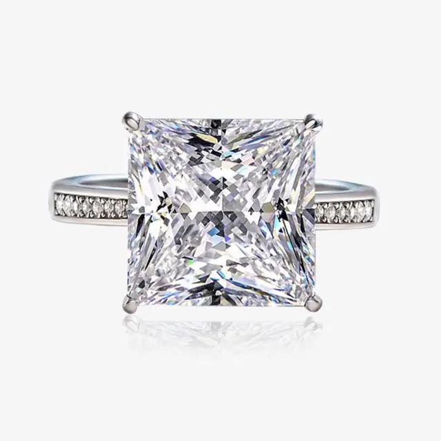 White Gold Plated 925 Sterling Silver Zircon Princess Cut Solitaire Ring Classic Wedding Party Anniversary Jewelry