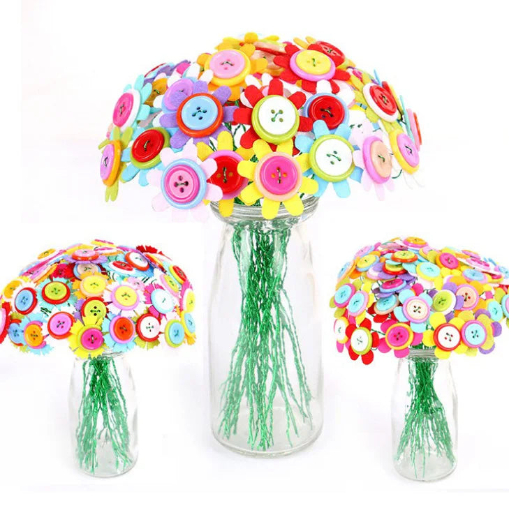 Kids DIY Flower Craft Kit-Create Your Own Bouquet with Button and Felt Flowers Vase Art for Decorative Use