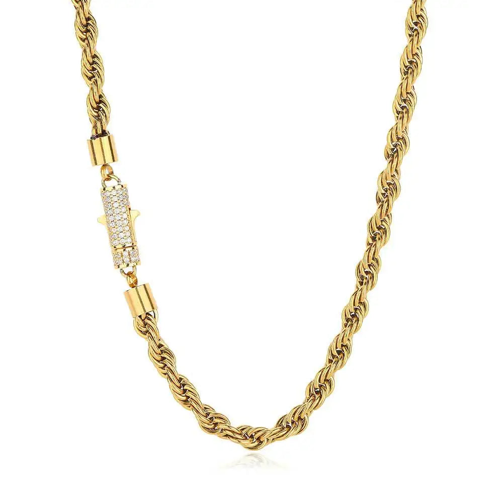 Wholesale 6MM Tarnish Free Stainless Steel Rope Chain Necklace Iced Out Clasp Hip Hop Rope Necklace