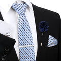 Stylish Men's Blue Striped Polyester Jacquard Suit Accessories Pocket Square Tie Clip Cuff Links Brooch Set Printed Pattern