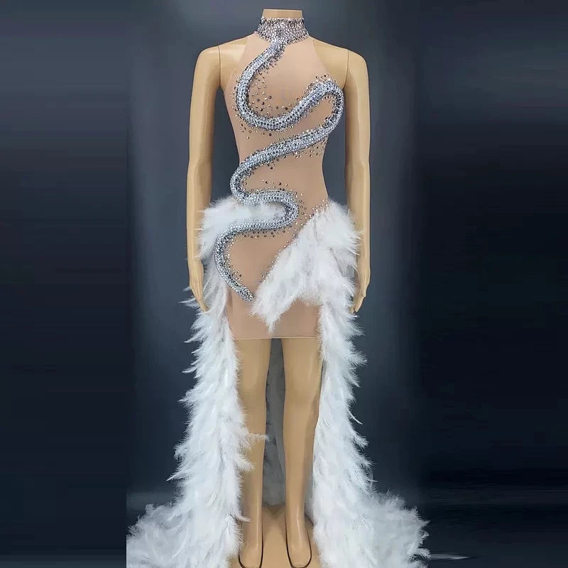 Cosplay Party White Feather Snake Diamond Club Dresses Sexy Women Clothing Sleeveless Elegant Party Women Evening Dresses
