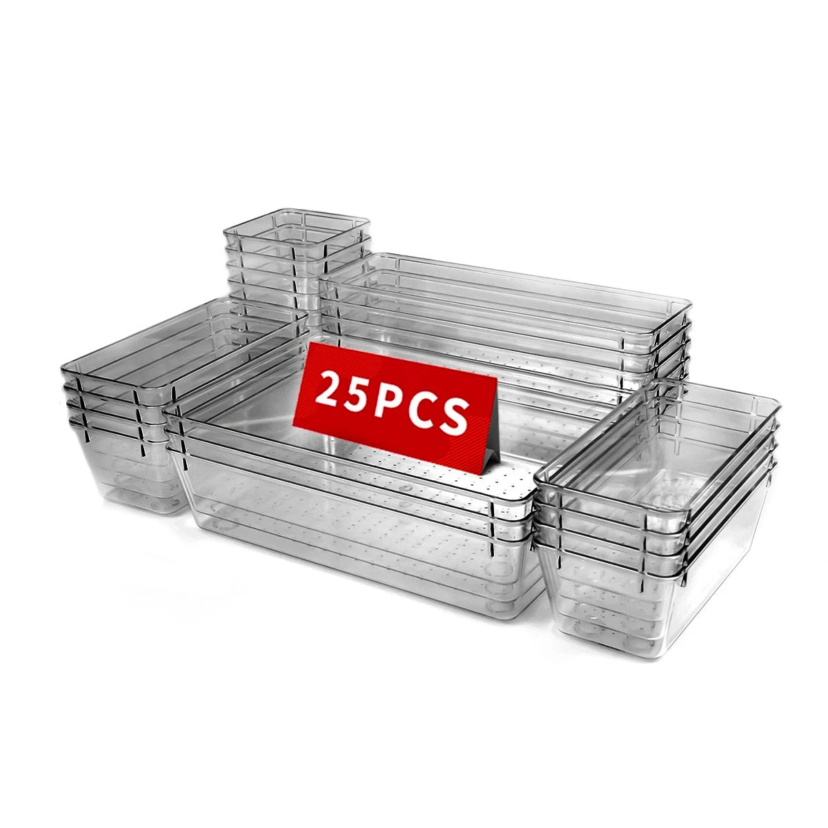 25 Piece Clear Multi-Color Plastic Drawer Organizers 4 Sizes Multi-Purpose Bathroom and Vanity Drawer Organizer Trays