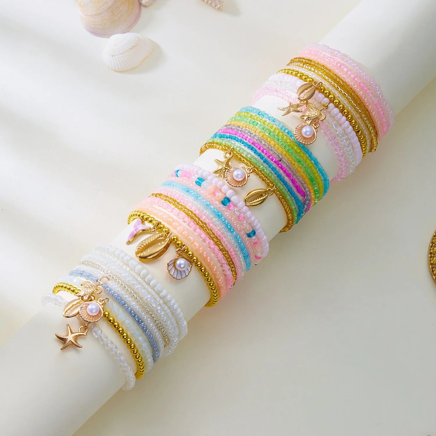 Summer Bohemian Beach Vacation Style Shell Starfish Rice Beads 9-layer Stacked Beaded Bracelet