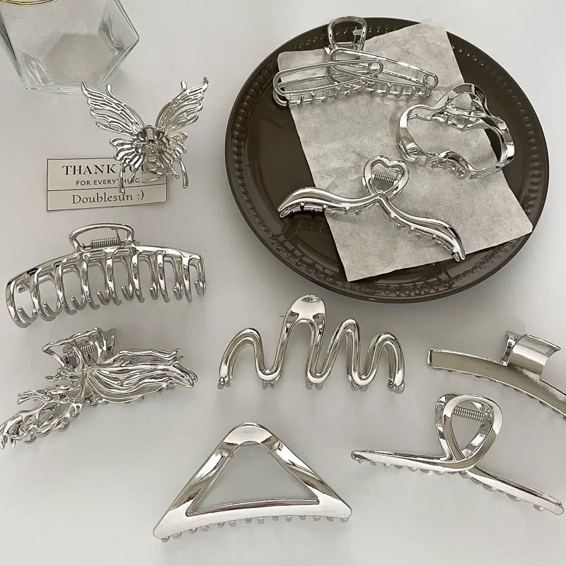 Fashion Hair Accessories Set Vintage Geometric Silver Alloy Butterfly Hair Clips Korean Trend Large Girls Hair Claw Clips