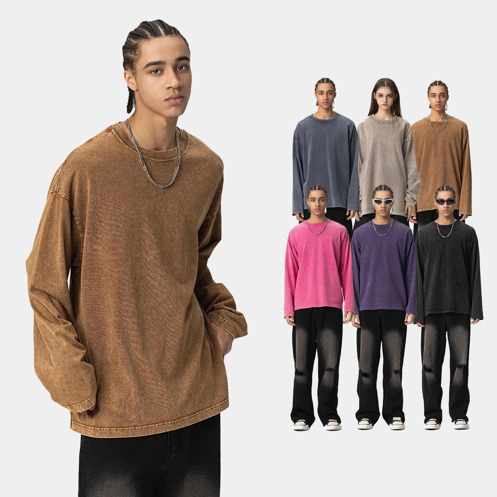 Wholesale Custom 100% Cotton 270Gsm Acid Washed Long Sleeve Streetwear for Couples Solid Color Knitted T-Shirt