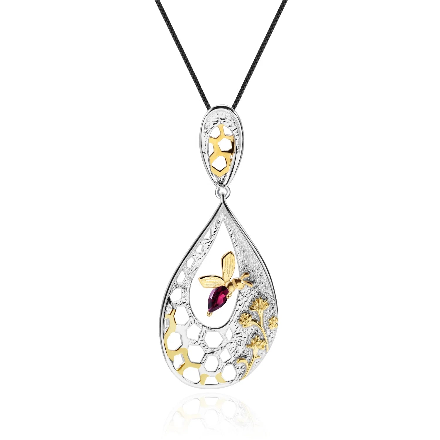 C7925 Abiding Natural Rhodolite Garnet Bee Honey Gold Plated 925 Sterling Silver Jewelry Necklace Pendant