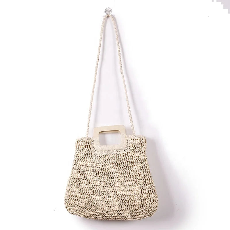 Casual Dual-Use Tote Bag with High Capacity Fashionable Outside Straw Design Zipper Closure Two Handles/Straps