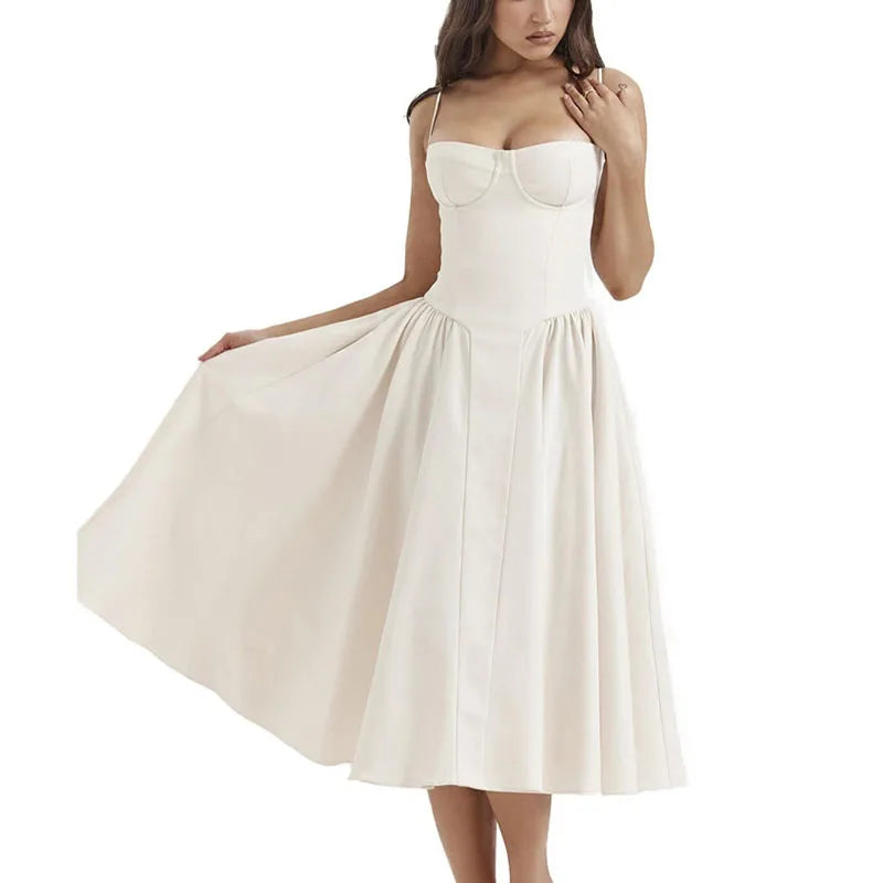 RNSHANGER Summer Women's Long Dresses Fashion Sexy Sleeveless Party Dresses Elegant Female Solid Color Spaghetti Strap Dress