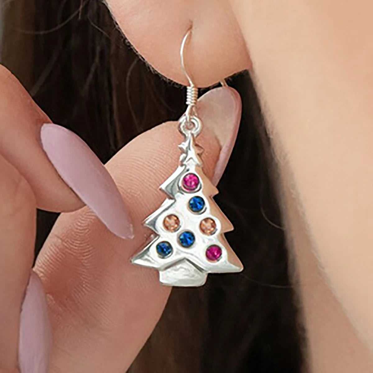 CAOSHI OEM Christmas Tree Design Micro Inlay Colorful Crystal Zircon Earring for Women Fashion Party Silver Plated Drop Earrings