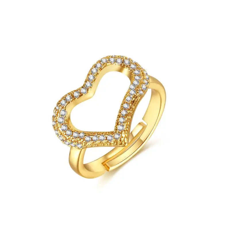 Trendy Gold Plated Zircon Heart Shape Brass Women Ladies Elegant Fashion Jewelry Adjustable Chain Party Custom Monogram Rings