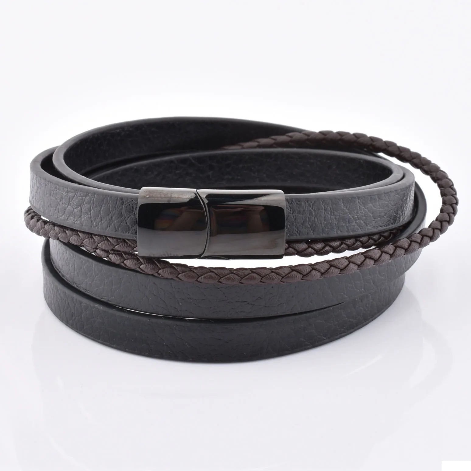 Fashion Hot Sale Flat Braided Leather Cord Wrap Bracelet Men Customized Magnetic Clasp Bracelet