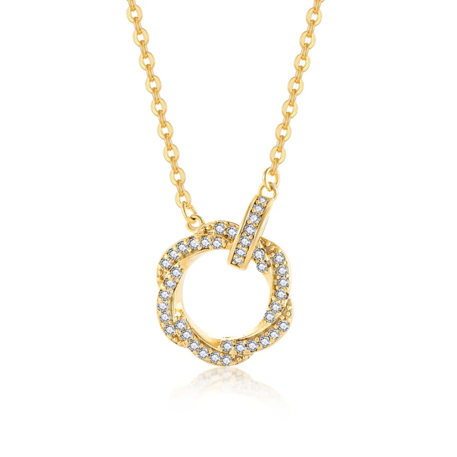 YILUN Yellow Gold Plated Circle Pendant Necklace 925 Sterling Silver CZ Crystals Stones Circle Necklace Women's Fashion Jewelry