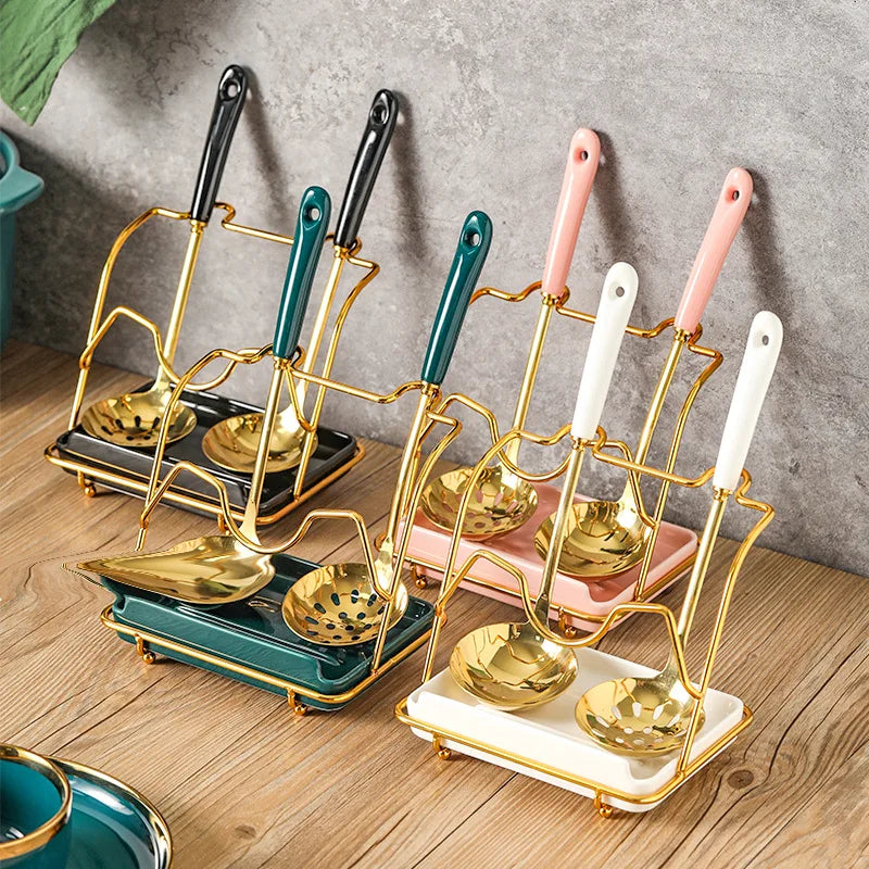 New Arrival Gold Stainless Steel 304 Korean Hot Pot Soup Slotted Spoon Long Handle Large Household Spoon Rest with Lid Holder