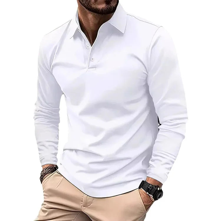 RNSHANGER Classic Men's Simple Solid Color Lapel Polo Shirts Spring Business Leisure Outdoor Travel Long Sleeve Men Polo Shirts