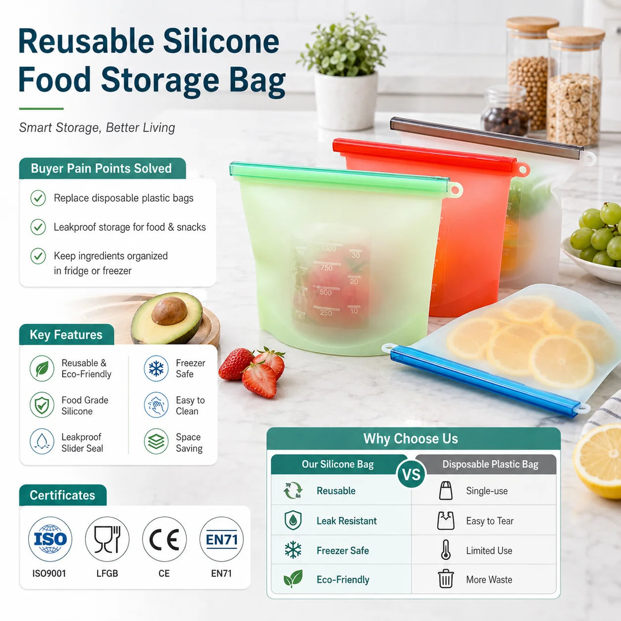 Custom Logo Reusable Silicone Food Storage Bag OEM ODM Leak Proof Airtight Sealable Washable Food Freezer Bag Packaging