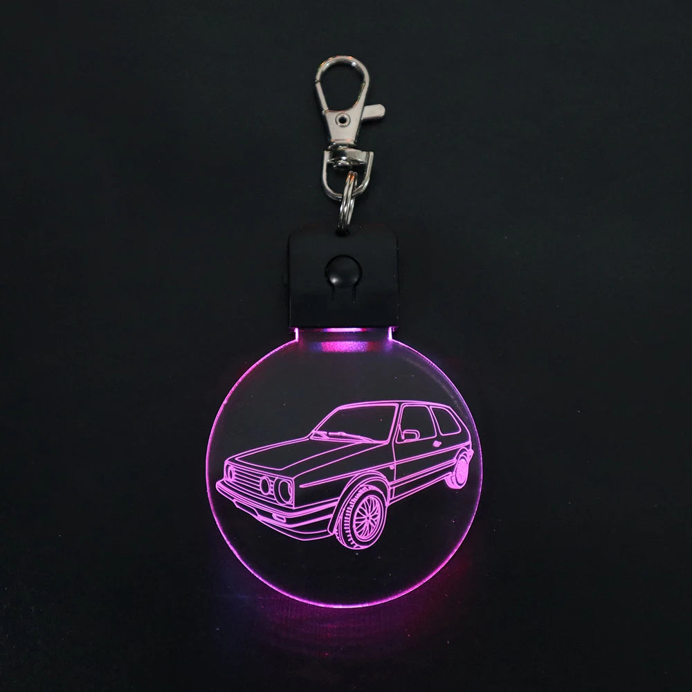 Car Shape Rechargeable 3D Laser Engraved Blank Glass Metal Keyring Customizable Logo Led Acrylic Key Chain Keychain