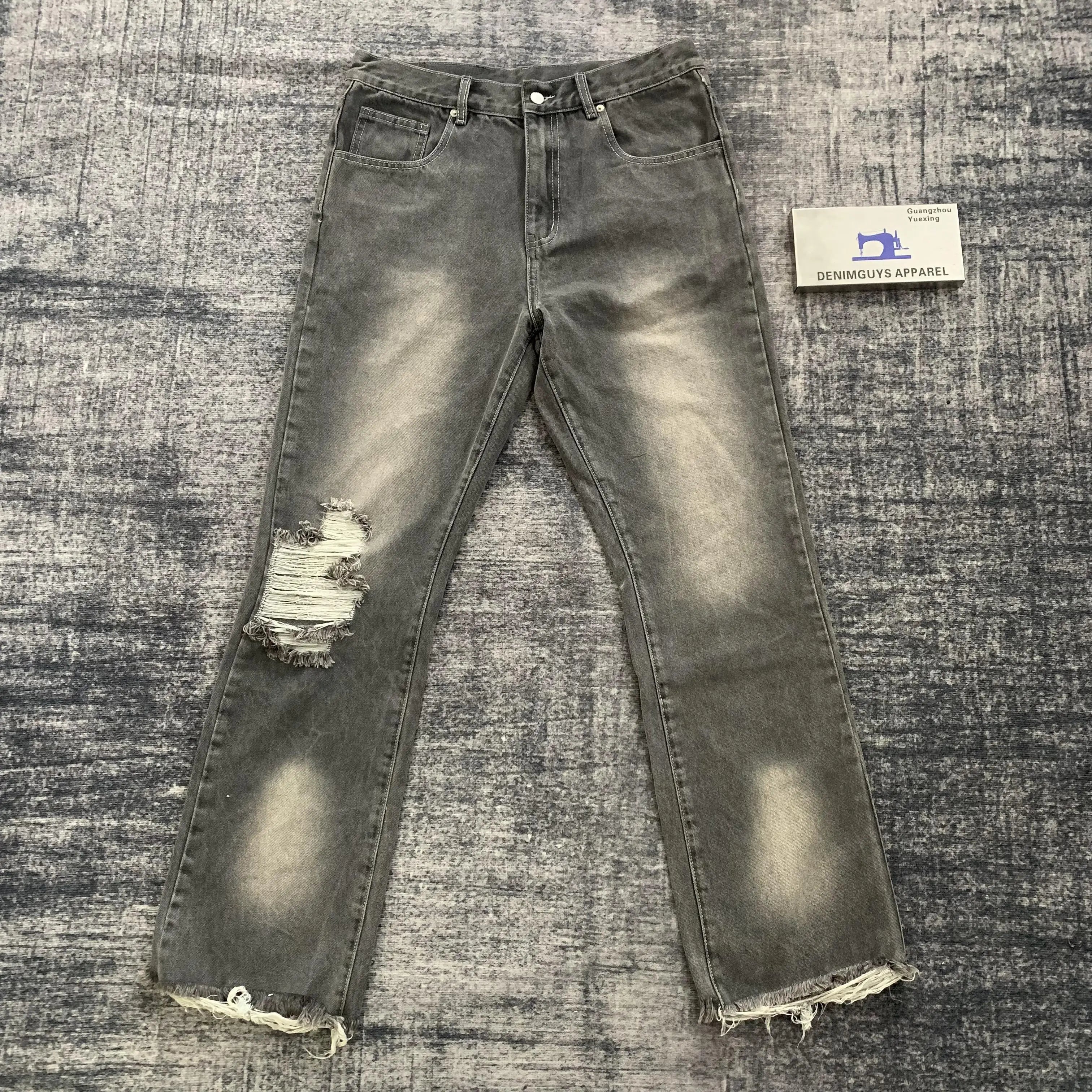 DENIMGUYS Custom Fashion Black Gray Vintage Wash  Men's Distressing Denim Pants Baggy Wide Leg Raw Hem Ripped Jeans for Men