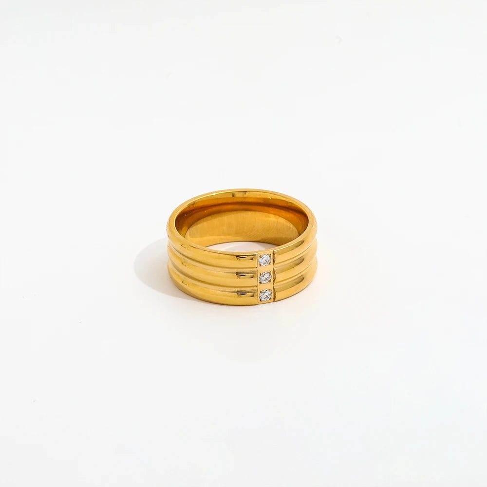 High End 18K PVD Gold Plated 3 Cambered Surface 3 CZ Rings  Stainless Steel Jewelry Women Gift