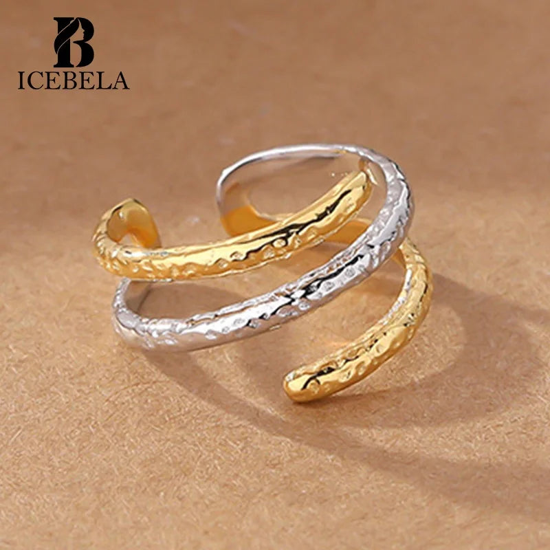 Irregular Gold Silver Mixed Color 925 Sterling Silver Korean Ring Layered Rings Multi Layers Uneven Twisted Open Rings for Girls