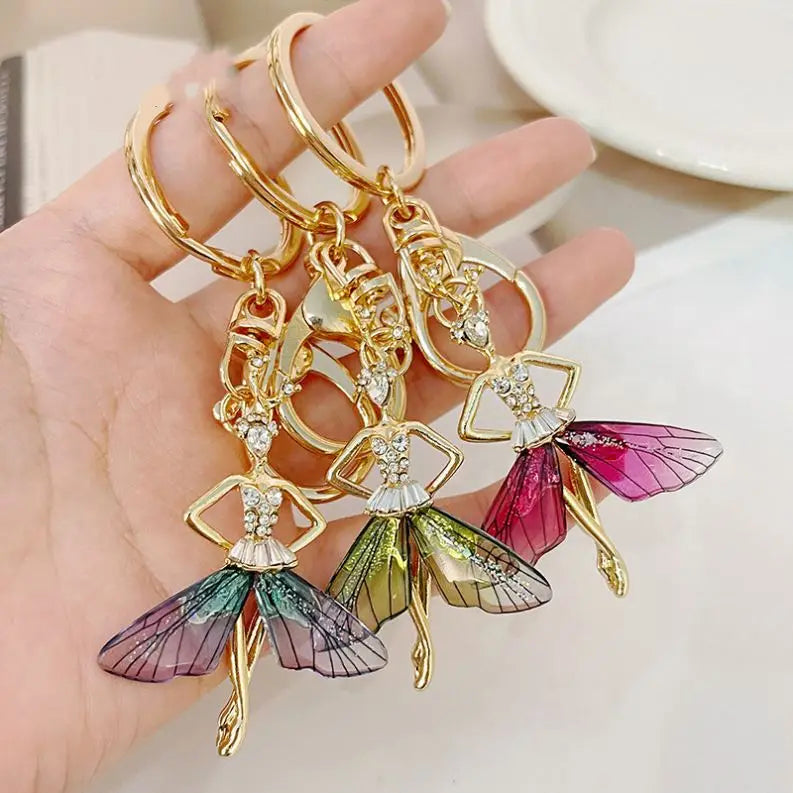 Butterfly Wing Fairy Angel Keychain Crystal Rhinestone Dancing Ballet Car Key Ring Women Backpack Charm Key Chains for Girls Bag