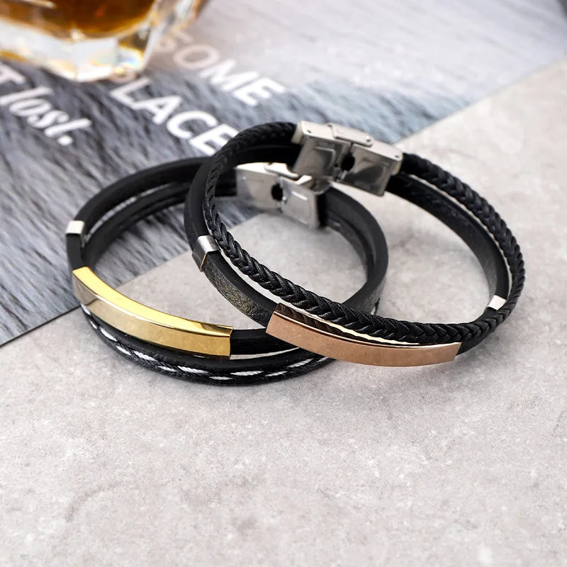 Punk Jewelry Stainless Steel Engraving Handmade Woven Leather Bracelet Custom for Couple