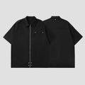 RNSHANGER Vintage Black Men's Shirts Casual Cardigan Zipper Solid Color Short Sleeve Shirt for Men Trendy Loose Male Shirts