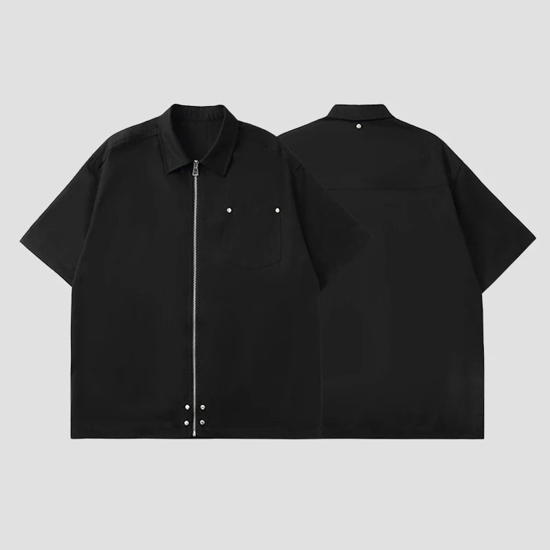 RNSHANGER Vintage Black Men's Shirts Casual Cardigan Zipper Solid Color Short Sleeve Shirt for Men Trendy Loose Male Shirts