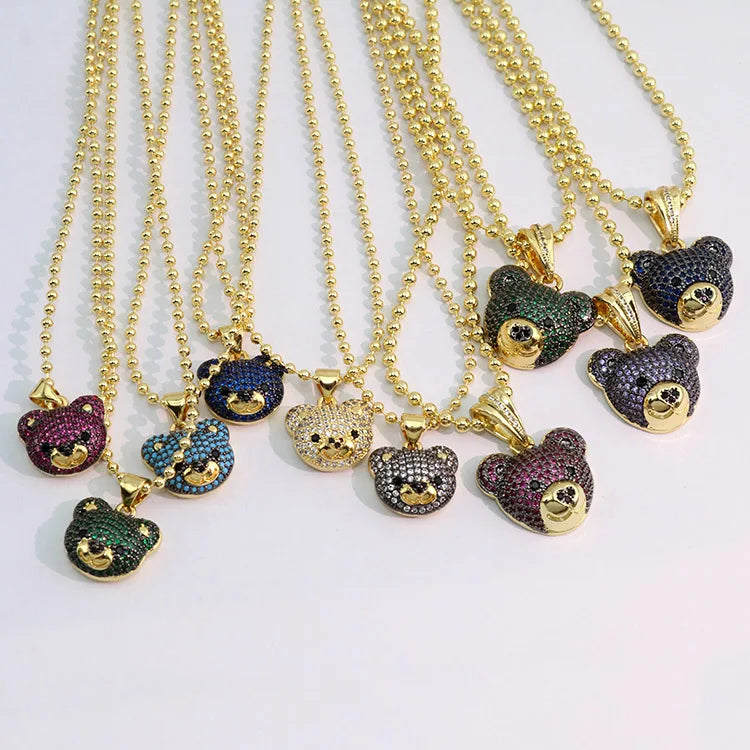 S11174 Jewellery 18K Gold Plated CZ Micro Pave CZ Bear Charm Pendant Ball Chain Necklace and Bracelet Jewelry Sets