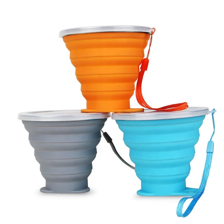 OEM&ODM Silicone Collapsible Travel Cup Silicone Folding Camping Cup with Lids Expandable Drinking Cup for Outdoor Hiking Travel