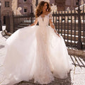 11604#O-Neck Bohemian Lace Applique Detachable Train Tulle Sheer Back Mermaid Long Sleeve Wedding Dress Wedding Gown Bridal Gown