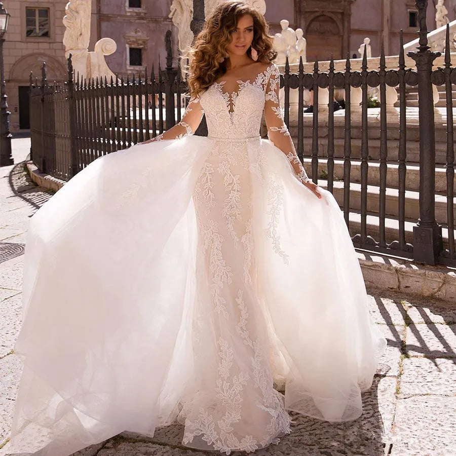 11604#O-Neck Bohemian Lace Applique Detachable Train Tulle Sheer Back Mermaid Long Sleeve Wedding Dress Wedding Gown Bridal Gown