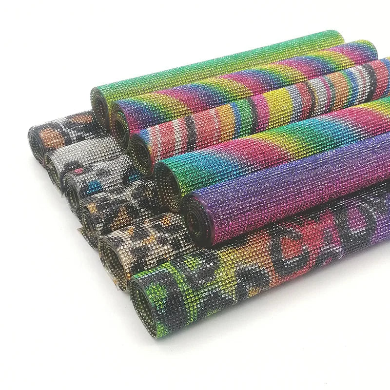 Ready to Ship Colorful Rainbow Hotfix Rhinestone Sticker Heat Transfer Self Adhesive Resin Stone Applique Mesh Sheets in Rolls