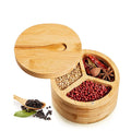 3 Compartment Kitchen Bamboo Round Salt Box Pepper Spice Storage Container Box Wood Salt Cellar with Magnetic Lids and Spoon