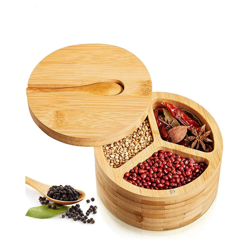 3 Compartment Kitchen Bamboo Round Salt Box Pepper Spice Storage Container Box Wood Salt Cellar with Magnetic Lids and Spoon