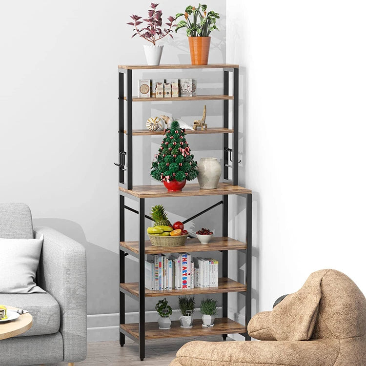 Movable Metal and Wooden Storage Rack Anti-Rust Standing Type Display Stand Shelf for Household Use or Commercial Restaurants