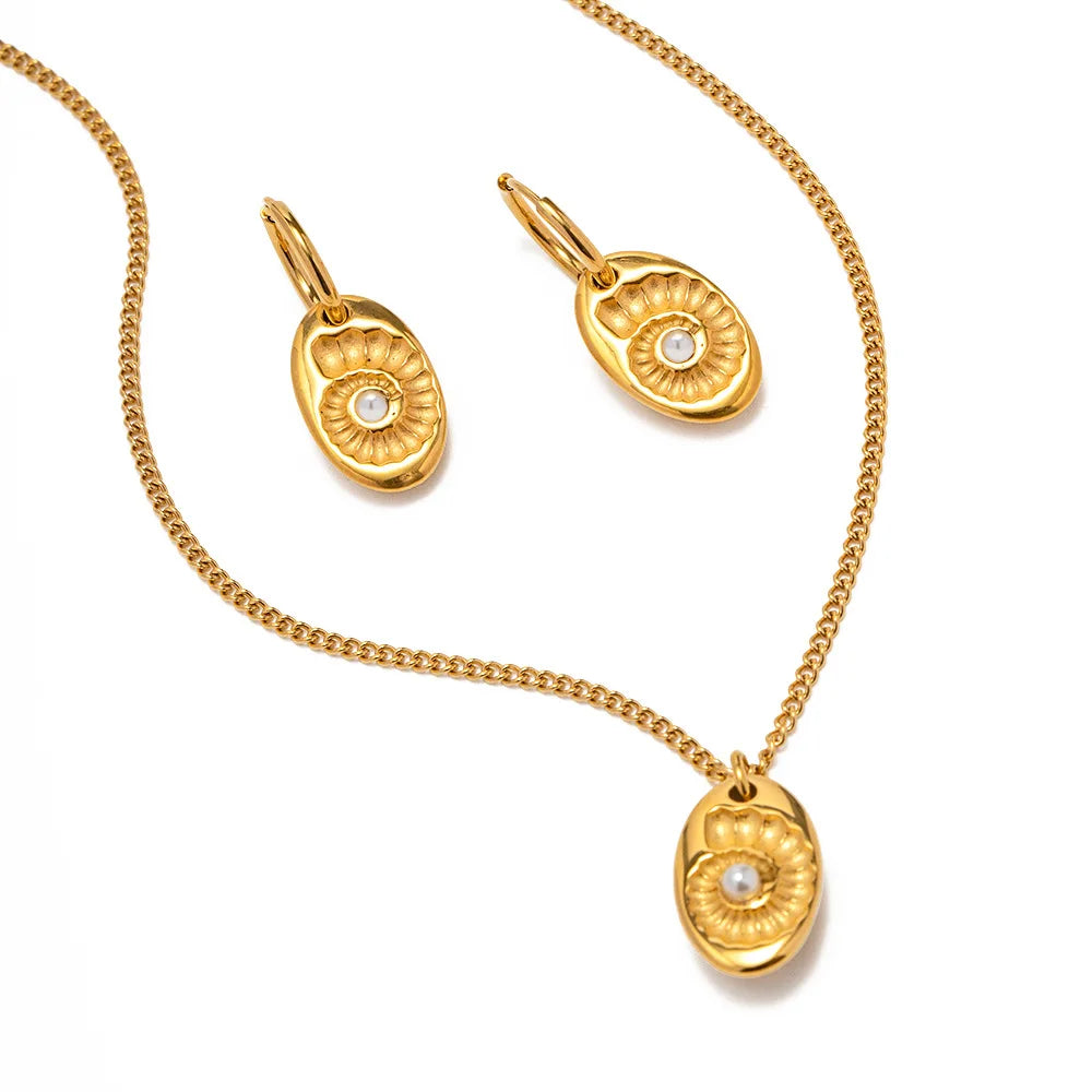 New Ins Design Shell Pendant and Earrings Sets Waterproof Gold Plated Stainless Steel Jewelry Sets Vintage Pearl Jewelry
