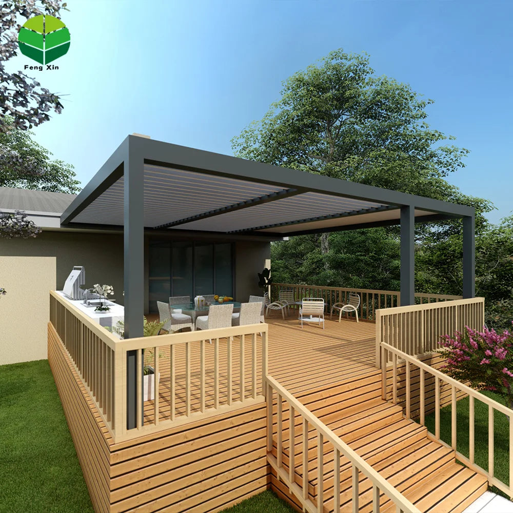 Luxury Modern Pergola Motorised Solar Louvered Covering Design Roof Outdoor Gazebo With Motor