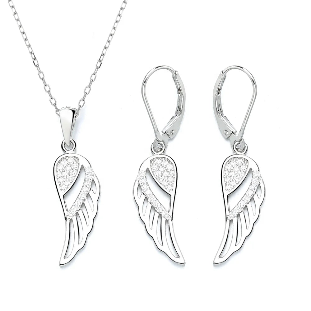 Wholesale Fashion Sterling Silver Jewelry Angel Heart Wing  Necklace and Earrings Jewelry
