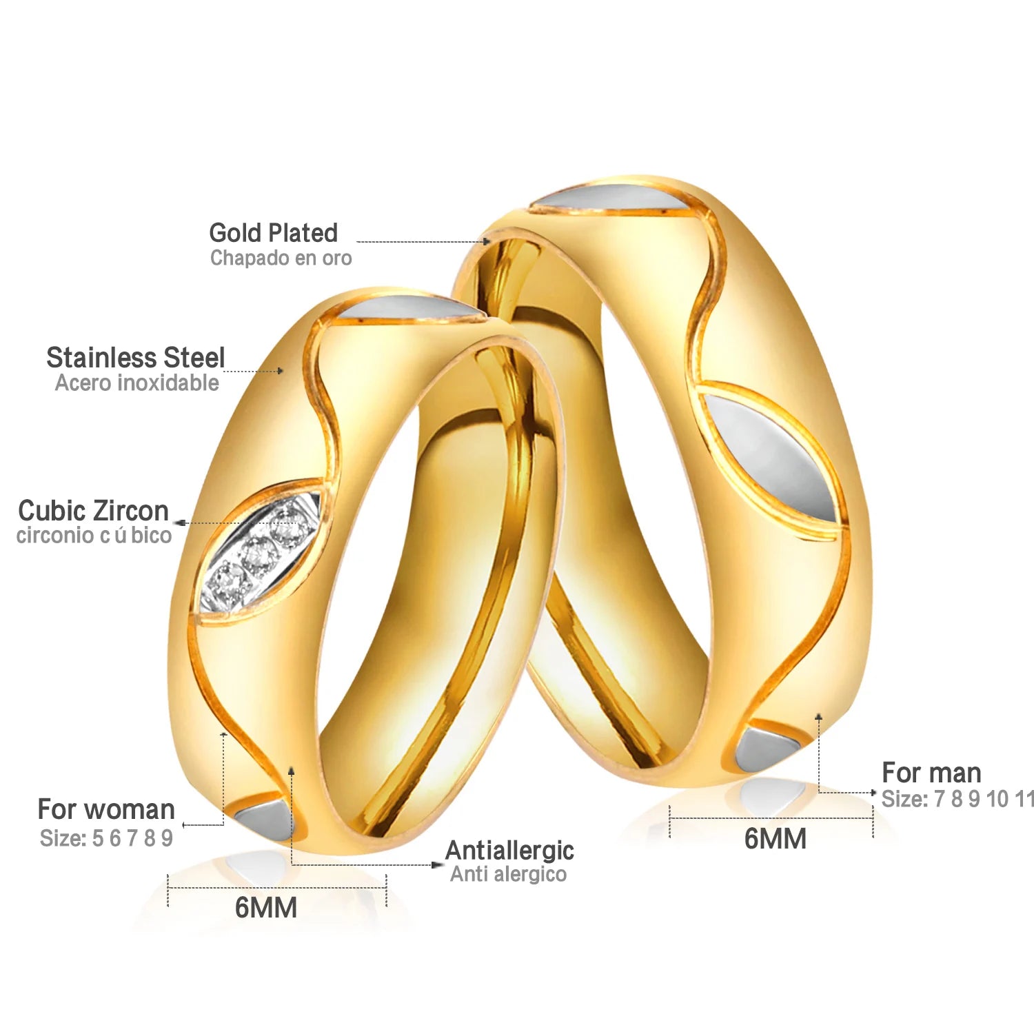 Ason Elegant 18K Gold Plated Custom Zircon Couple Ring Stainless Steel Jewelry for Wedding Engagement