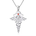 Nurse Jewelry 925 Sterling Silver Enamel Red Cross Scepter Amulet Pendant Necklace