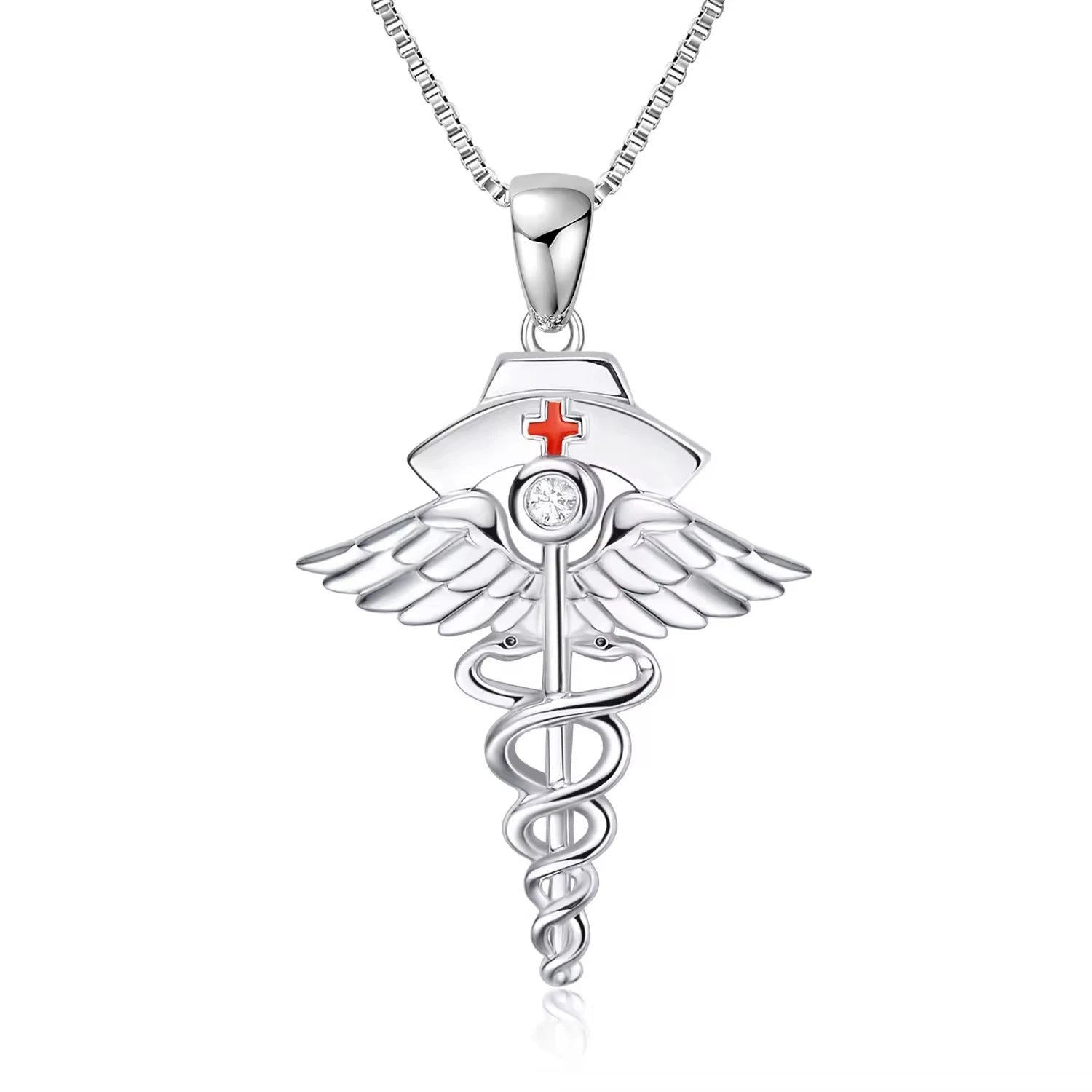 Nurse Jewelry 925 Sterling Silver Enamel Red Cross Scepter Amulet Pendant Necklace