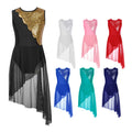 6-16 Kids Girls Sleeveless Round Neckline Shiny Sequins Patchwork Irregular Hem Hollow Back Dance Dress