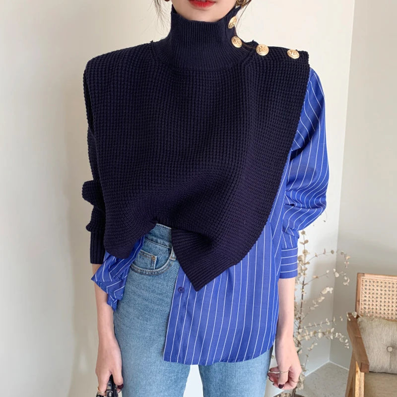 Wholesale 2026 Autumn New Niche Design High Neck Chic Side Buttons Fake Two-piece Shirt Stitching Striped Puff Sleeve Sweater