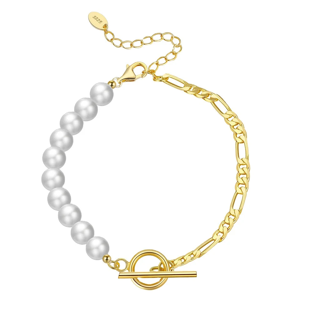 RINNTIN GPB06 925 Silver Pearl Bracelet Half Baroque Freshwater Pearls Beads Half Figaro Chain Gold Plated Bracelets for Women