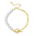 RINNTIN GPB06 925 Silver Pearl Bracelet Half Baroque Freshwater Pearls Beads Half Figaro Chain Gold Plated Bracelets for Women