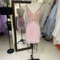 2025 New Fashion Elegant Dusty Rose V Neck Beaded Chain Zipper Back Dresses for Ladies Party Homecoming